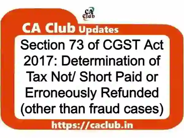 Section 73 of CGST Act 2017: Determination of Tax Not/ Short Paid or Erroneously Refunded (other than fraud cases)