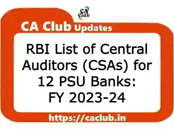 RBI List of Central Auditors (CSAs) for 12 PSU Banks: FY 2023-24